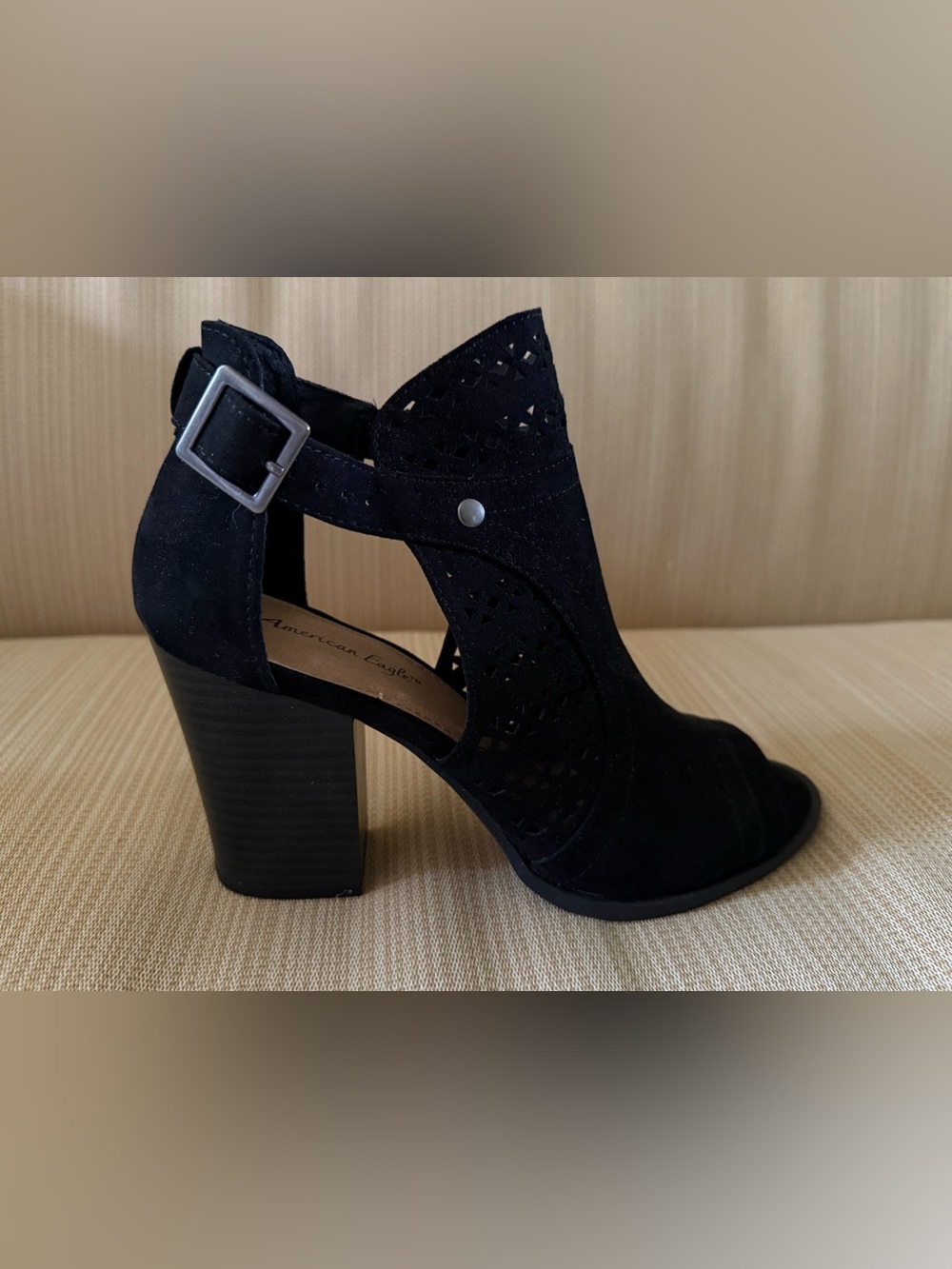 NWOT American Eagle Outfitters Black Cutout Suede Block Heel Peep-Toe Bootie